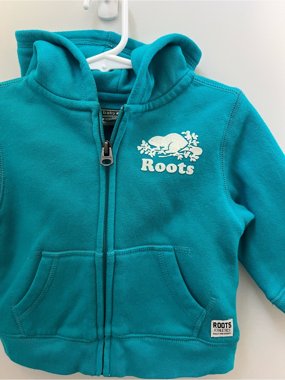 Roots Toddler Teal Zip Hoodie with White Logo